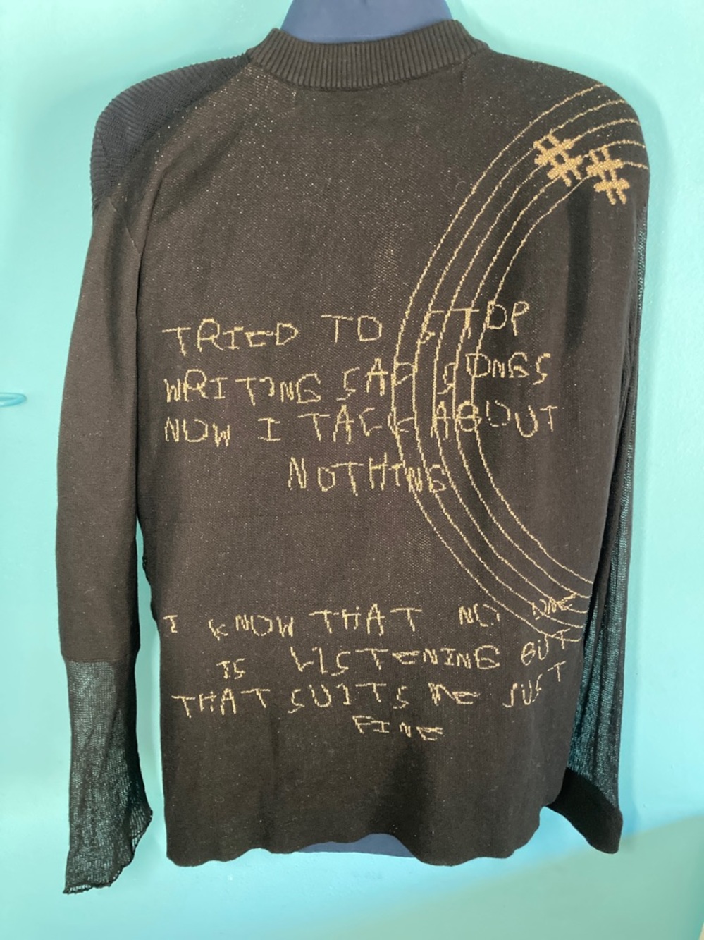 Hybrid Mens Size L Black Lightweight Knit Cotton Sweater with Lyrics